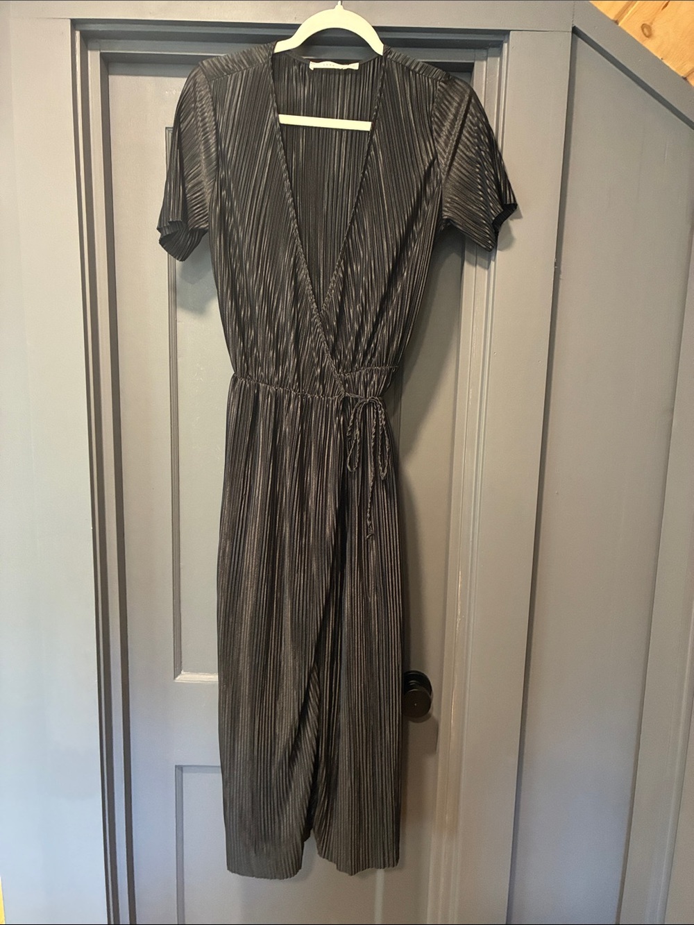 Lush Black Pleated Midi Wrap Dress